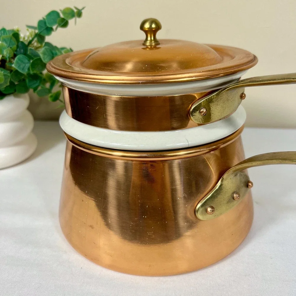 Vintage Copper Double Boiler With Brass Handles | 3 Piece Set